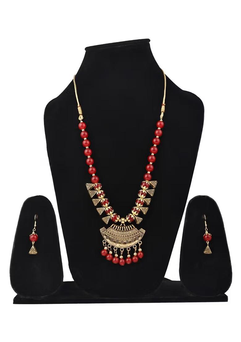 Red Golden Triangle Beads Long Moon Pendant Necklace Set