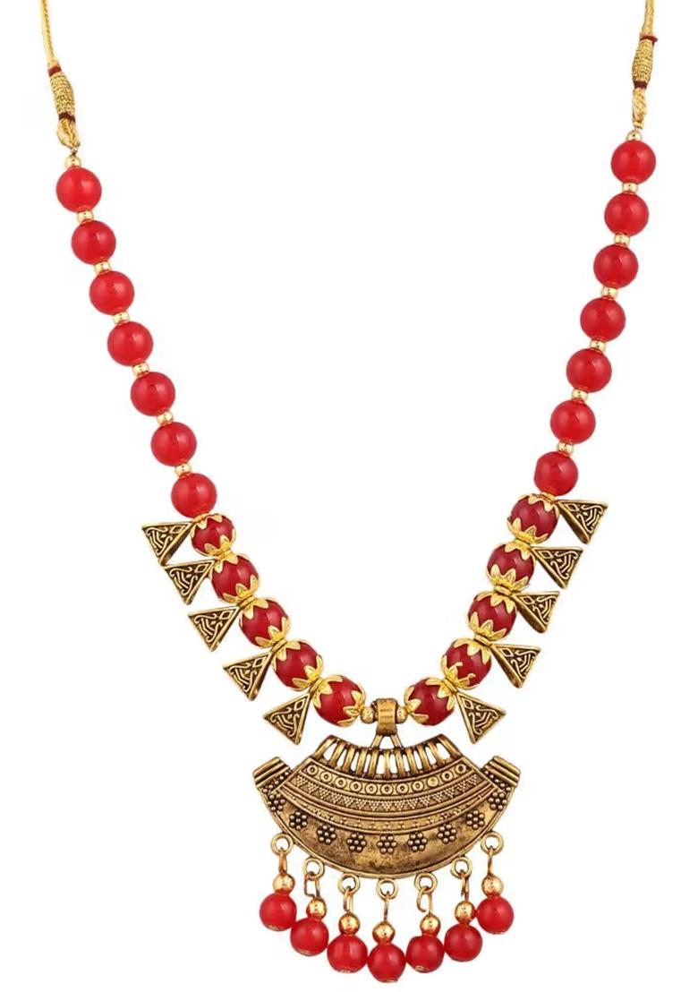 Red Golden Triangle Beads Long Moon Pendant Necklace Set