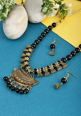 Black Golden Triangle Beads Long Moon Pendant Necklace Set