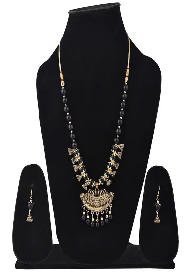 Black Golden Triangle Beads Long Moon Pendant Necklace Set