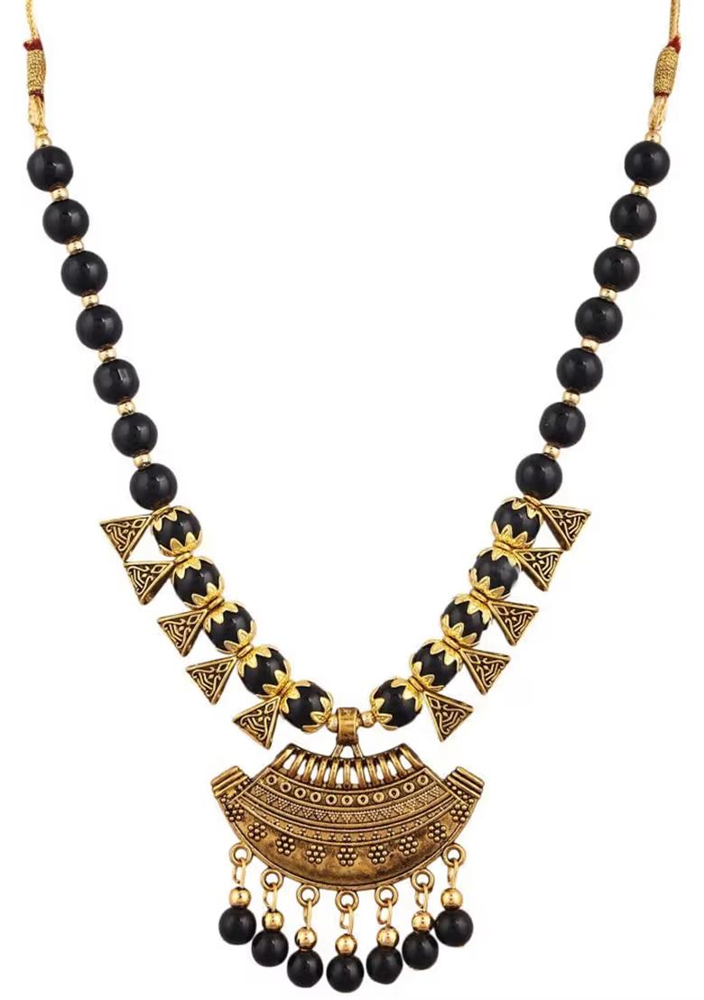 Black Golden Triangle Beads Long Moon Pendant Necklace Set