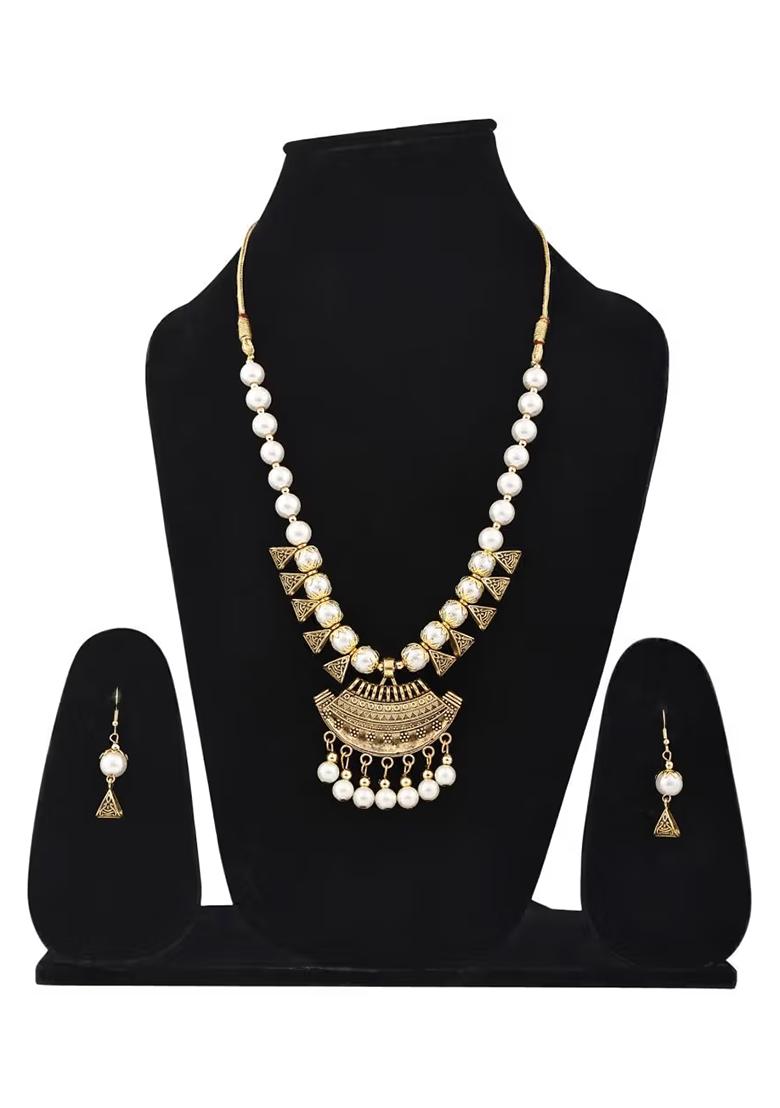 White Golden Triangle Beads Long Moon Pendant Necklace Set