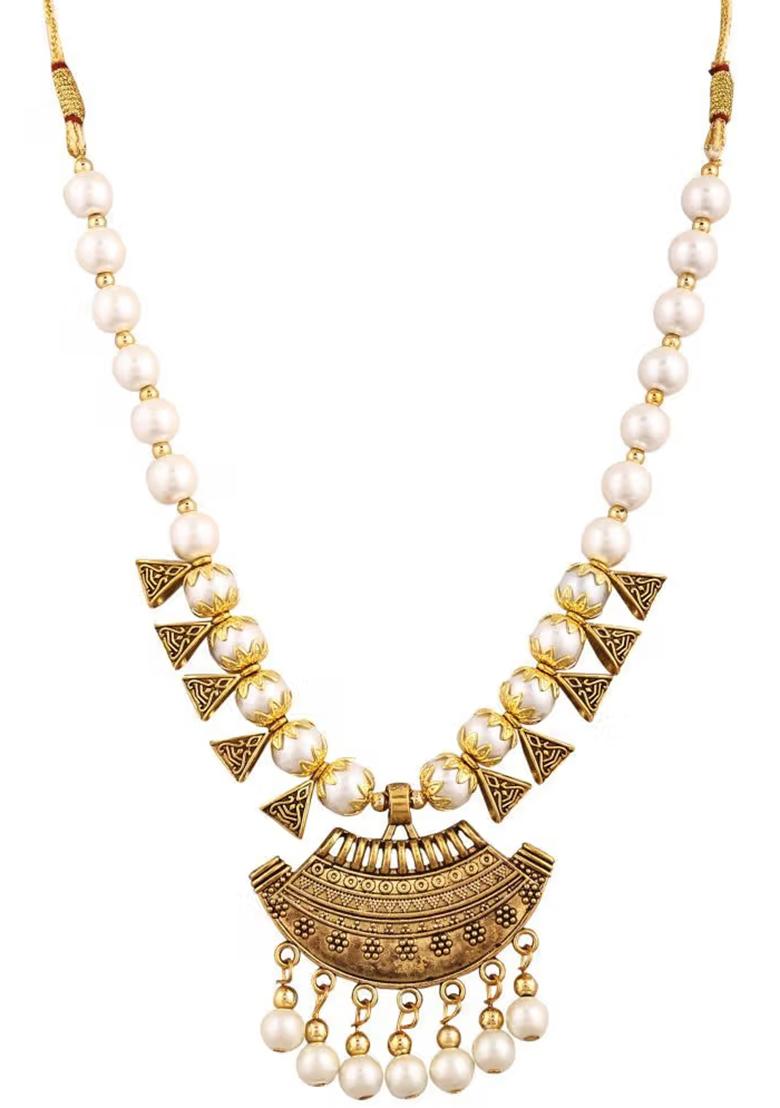 White Golden Triangle Beads Long Moon Pendant Necklace Set