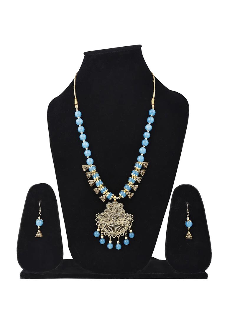 Blue And Triangle Beads Dancing Peacock Pendant Necklace Set