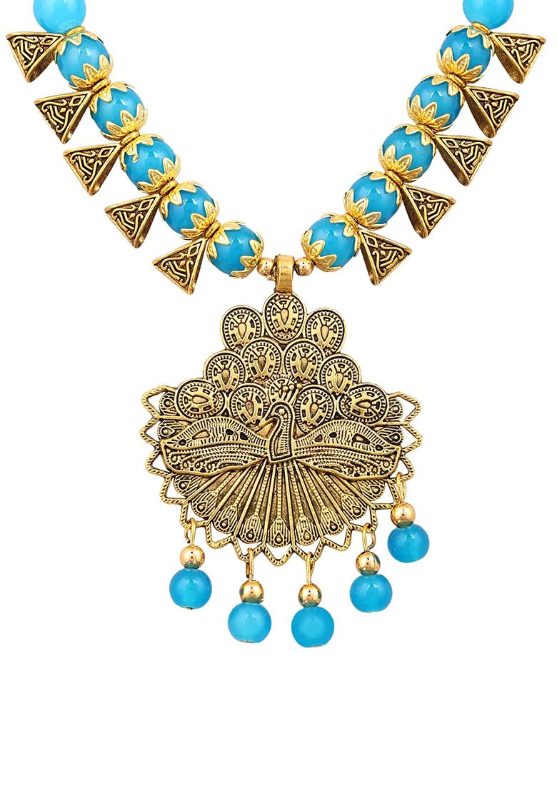 Blue And Triangle Beads Dancing Peacock Pendant Necklace Set
