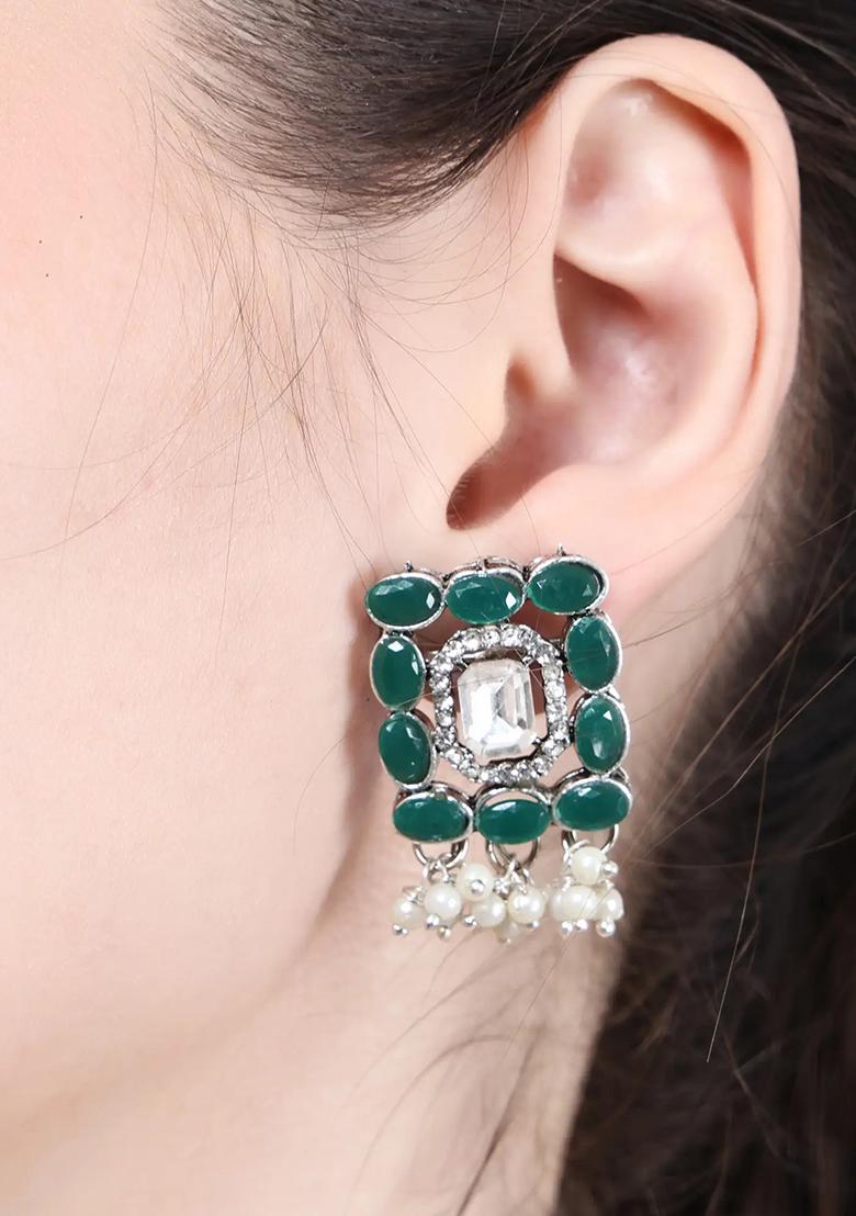 Green Oval Stone Rectangle Pendant Necklace Set White Small Beads