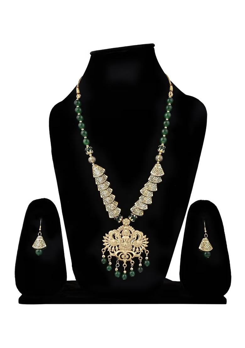 Green And Triangle Beads Laxmi Pendant Necklace Set