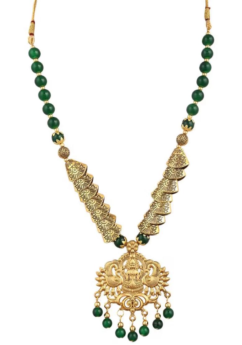 Green And Triangle Beads Laxmi Pendant Necklace Set