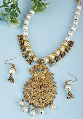 White And Triangle Beads Peacock Pendant Necklace Set