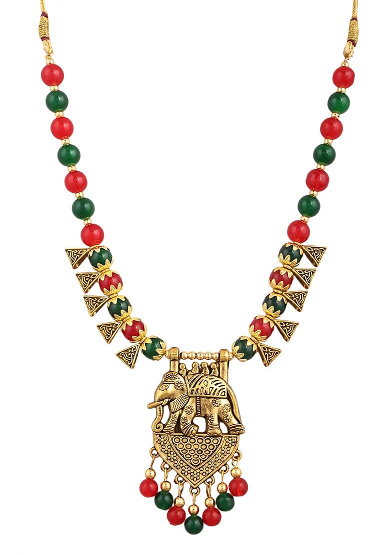 Maroon Green And Triangle Beads Elephant Pendant Necklace Set