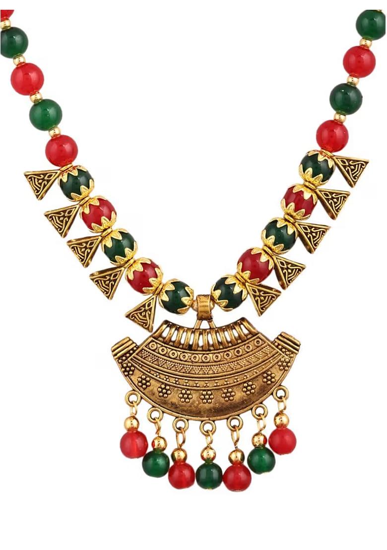 Maroon Green And Triangle Beads Moon Pendant Necklace Set