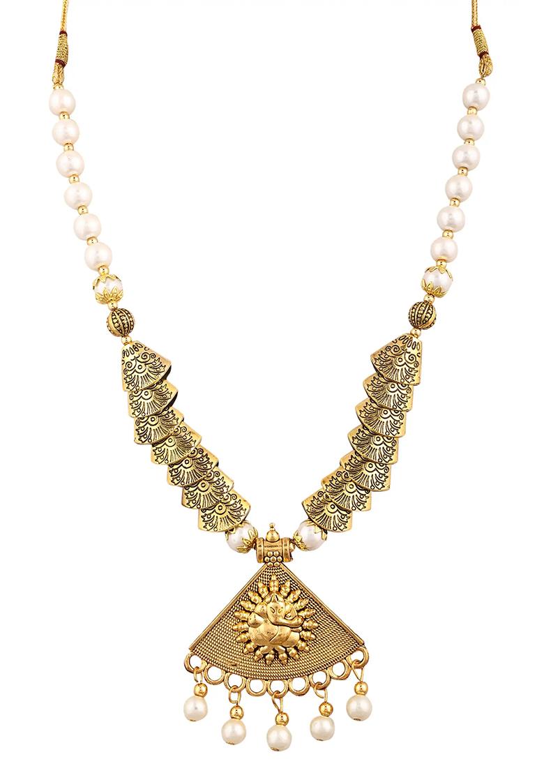 White And Samosa Beads Triangle Ganesh Pendant Necklace Set