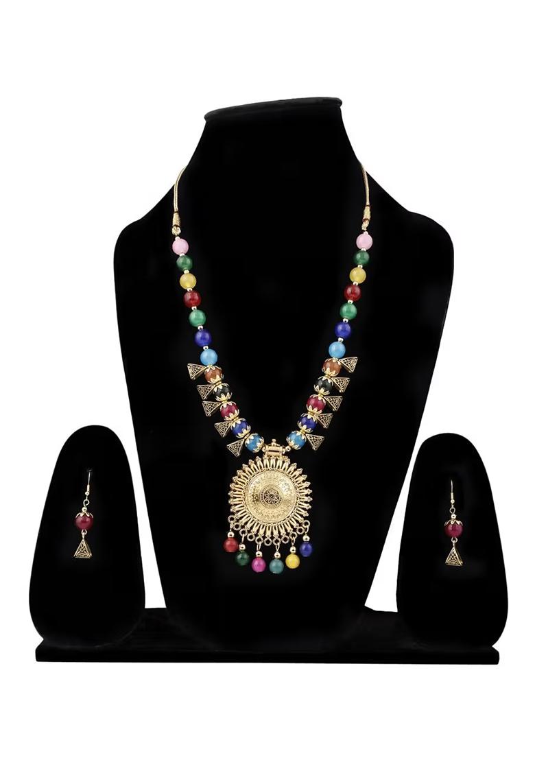 Multi And Triangle Beads Sun Pendant Necklace Set