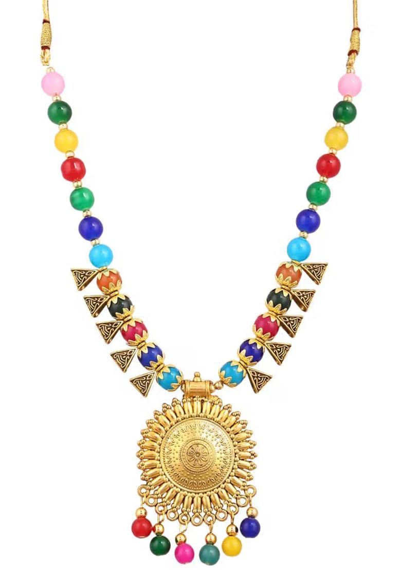 Multi And Triangle Beads Sun Pendant Necklace Set