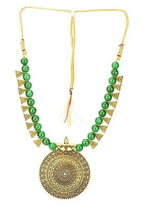 Green And Triangle Beads Round Meenakari Pendant Necklace Set