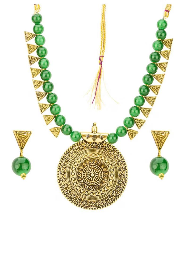 Green And Triangle Beads Round Meenakari Pendant Necklace Set