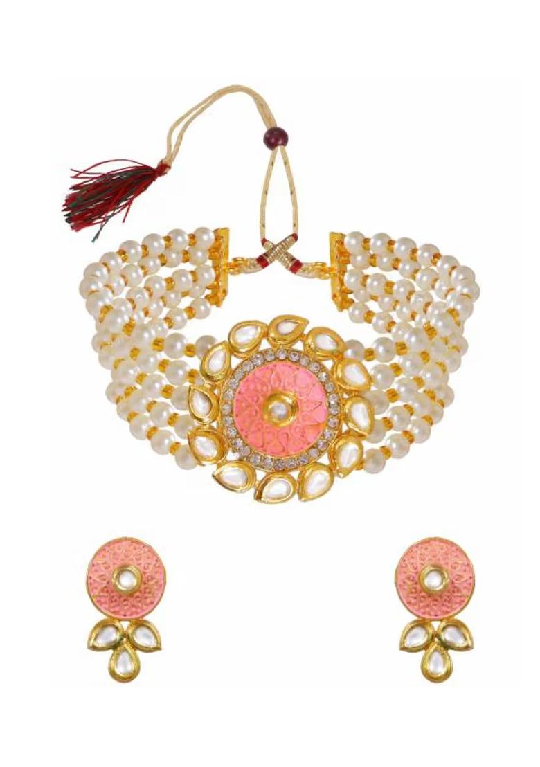 Pink Round Leaf Choker White Beads