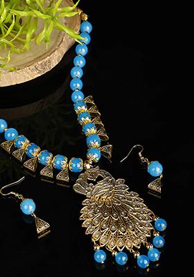 Blue And Triangle Beads Peacock Pendant Necklace Set