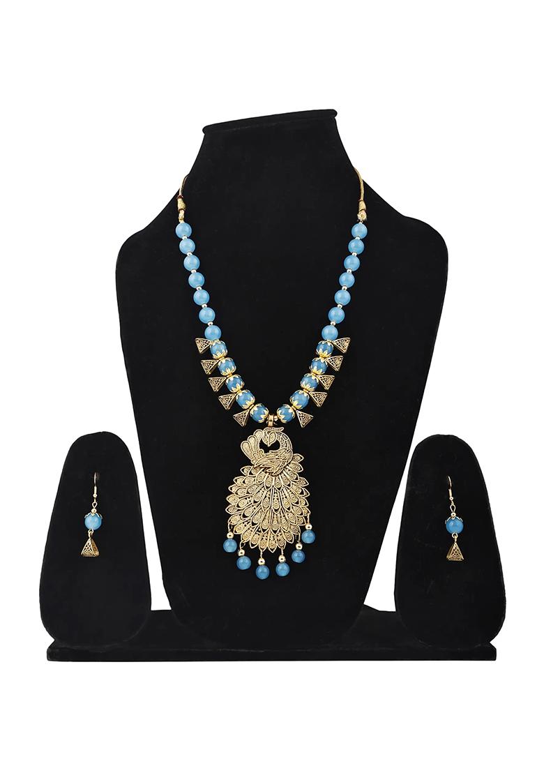 Blue And Triangle Beads Peacock Pendant Necklace Set