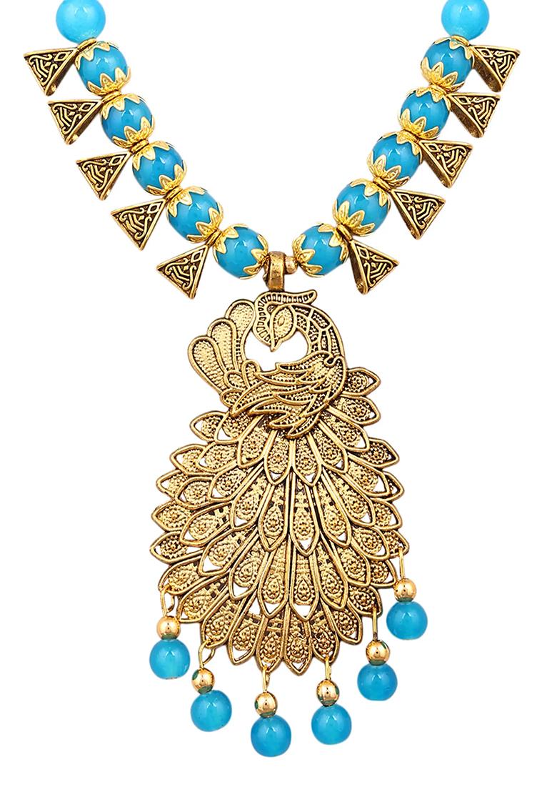 Blue And Triangle Beads Peacock Pendant Necklace Set