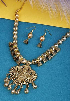 Gold And Triangle Beads Laxmi Pendant Necklace Set