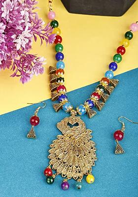 Multi And Triangle Beads Peacock Pendant Necklace Set