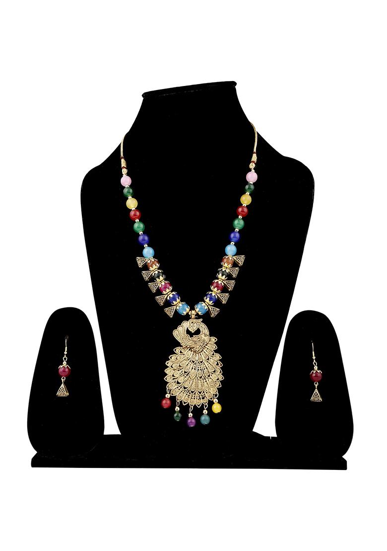 Multi And Triangle Beads Peacock Pendant Necklace Set