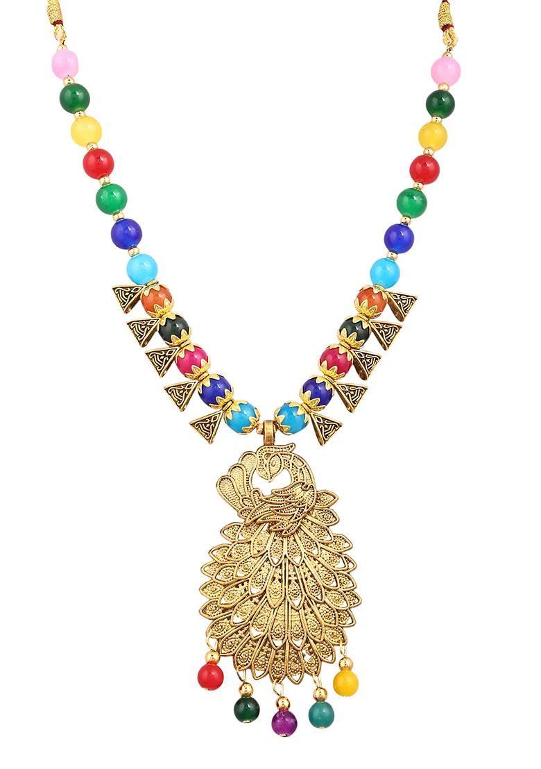 Multi And Triangle Beads Peacock Pendant Necklace Set