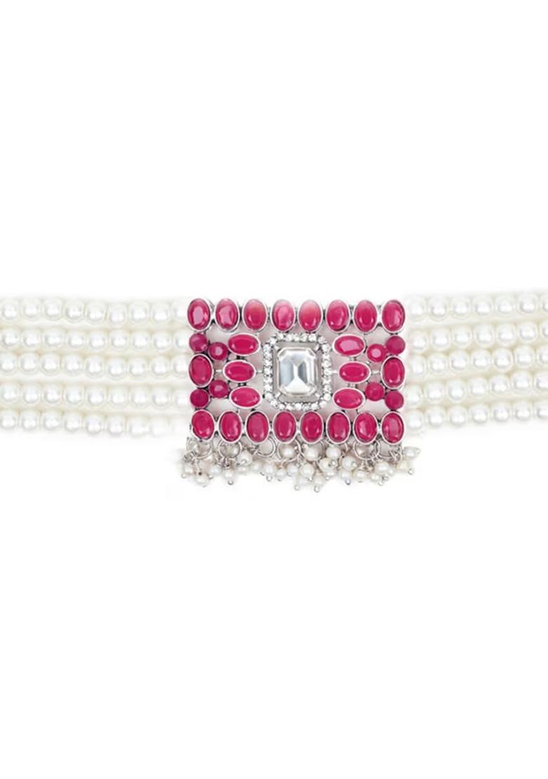 Red Oval Stone Rectangle Pendant White Beads Choker