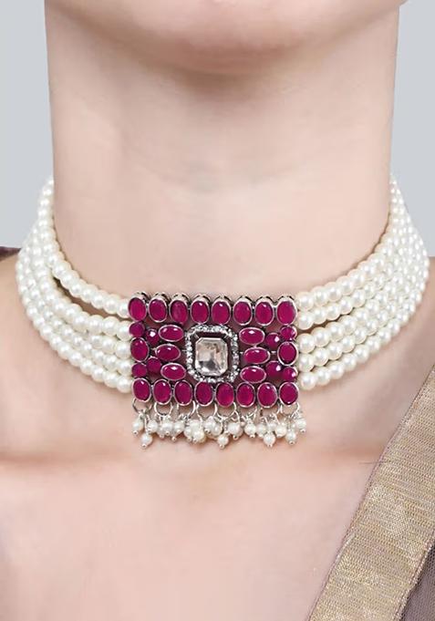 Red Oval Stone Rectangle Pendant White Beads Choker