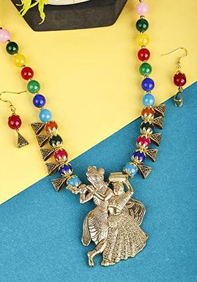 Multi And Triangle Radha Krishna Pendant Necklace Set