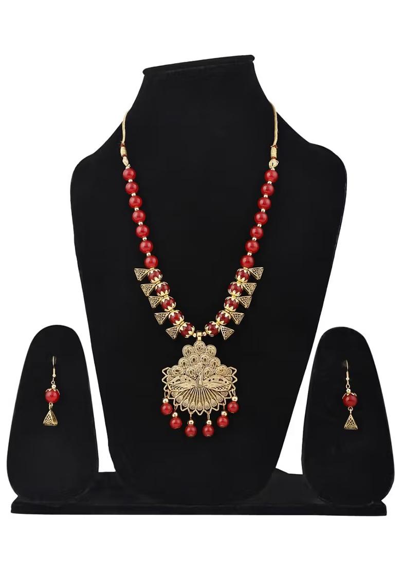 Red And Triangle Dancing Peacock Pendant Necklace Set