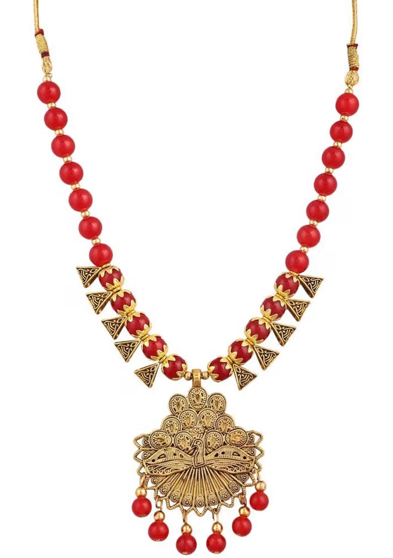 Red And Triangle Dancing Peacock Pendant Necklace Set