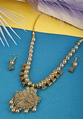 Golden Triangle Beads Dancing Peacock Pendant Necklace Set