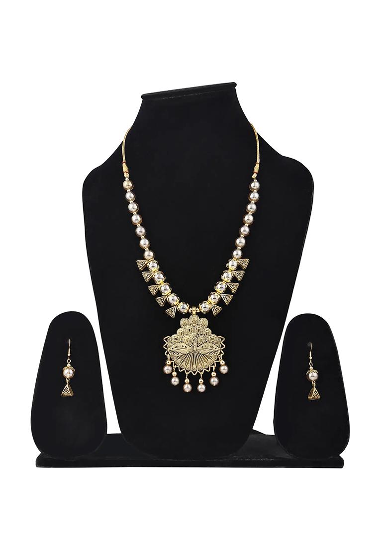 Golden Triangle Beads Dancing Peacock Pendant Necklace Set