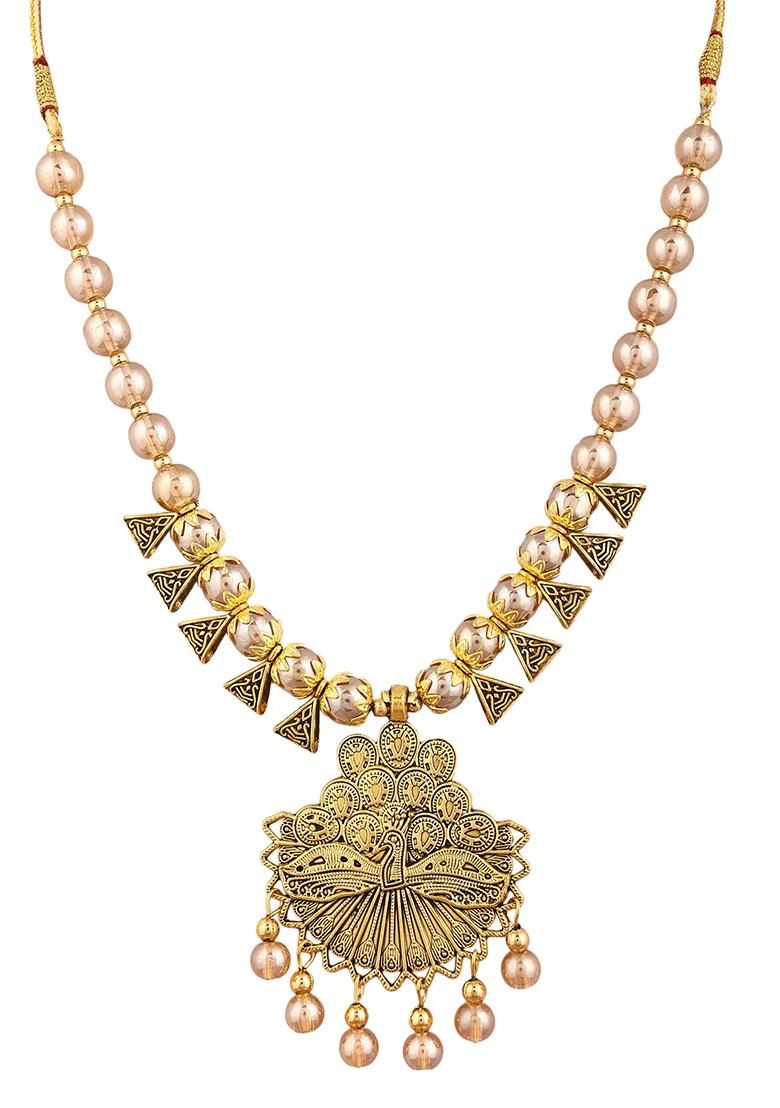 Golden Triangle Beads Dancing Peacock Pendant Necklace Set