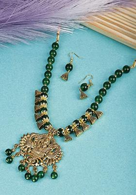 Green Triangle Beads Laxmi Pendant Necklace Set