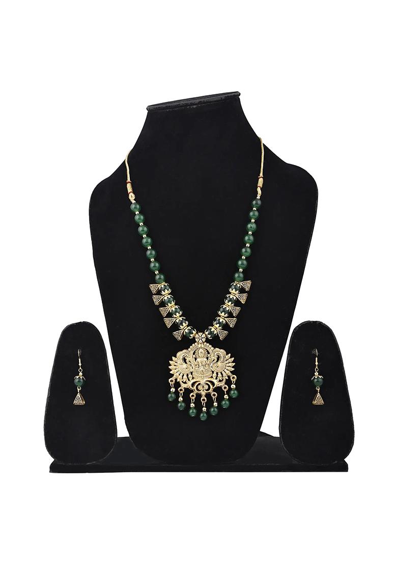 Green Triangle Beads Laxmi Pendant Necklace Set