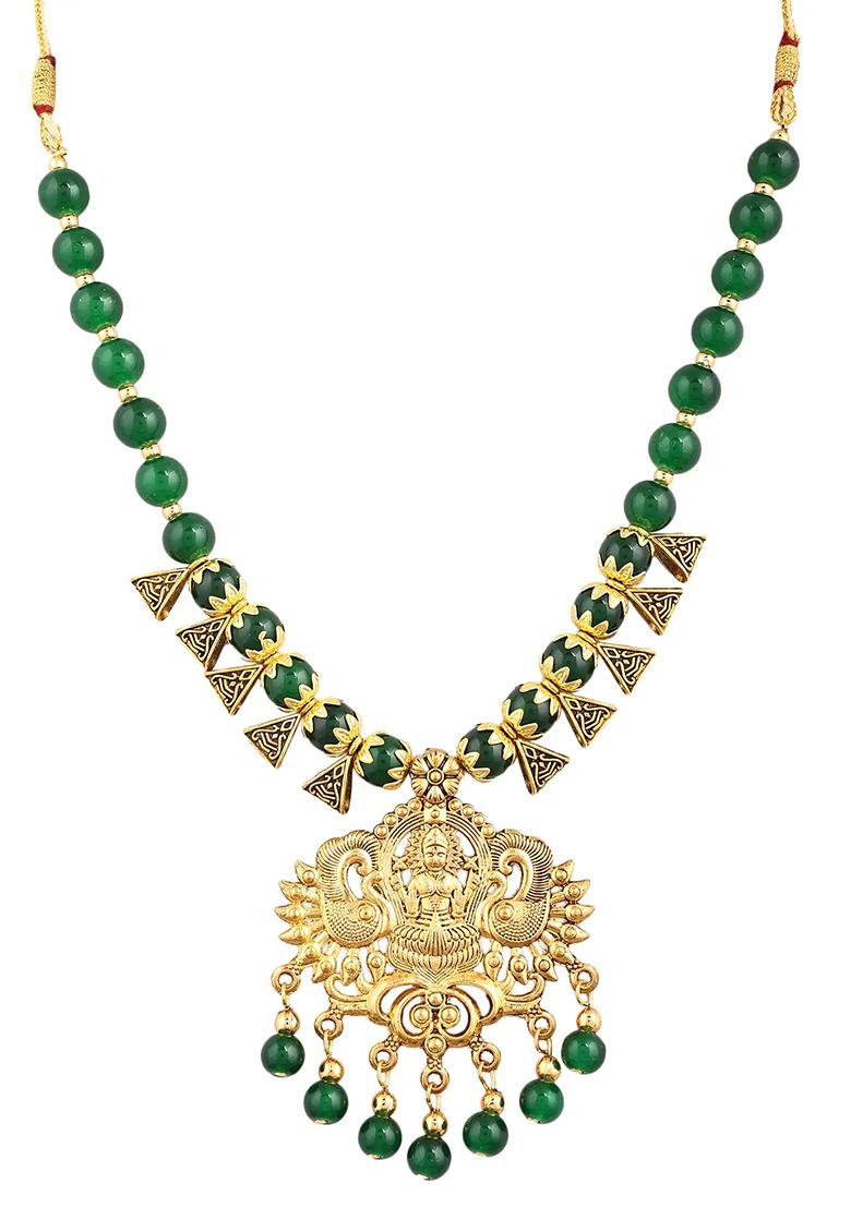 Green Triangle Beads Laxmi Pendant Necklace Set