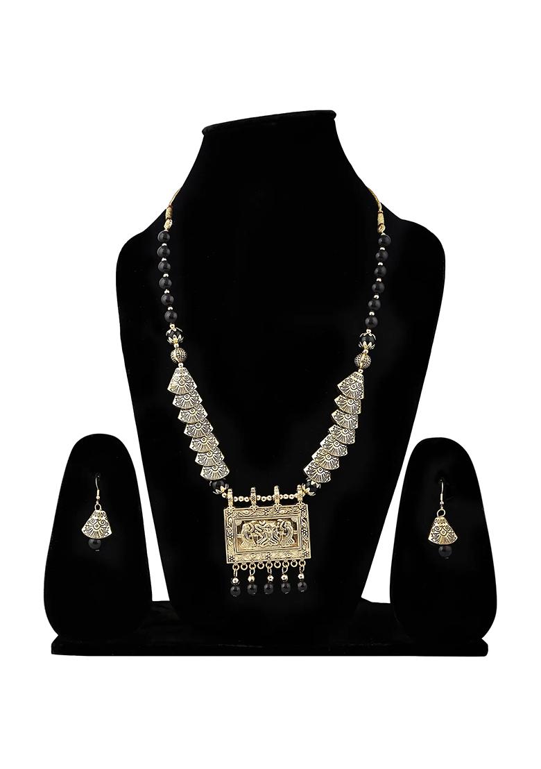 Black Samosa Beads Rectangle Pendant Necklace Set