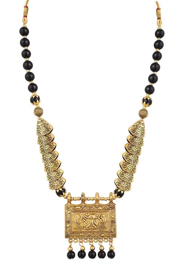 Black Samosa Beads Rectangle Pendant Necklace Set