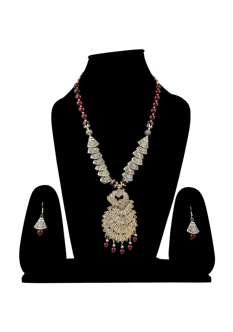 Maroon And Samosa Beads Peacock Pendant Necklace Set