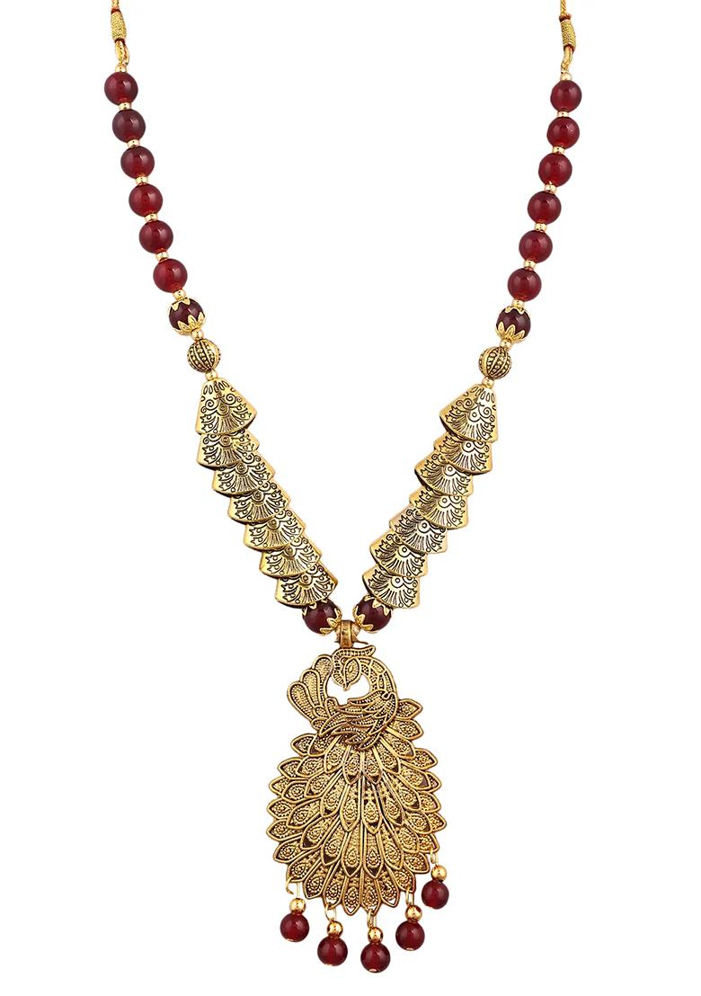 Maroon And Samosa Beads Peacock Pendant Necklace Set