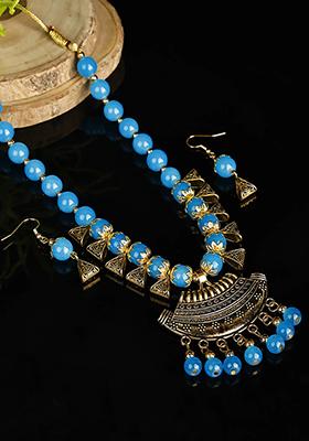 Blue And Triangle Beads Moon Pendant Necklace Set