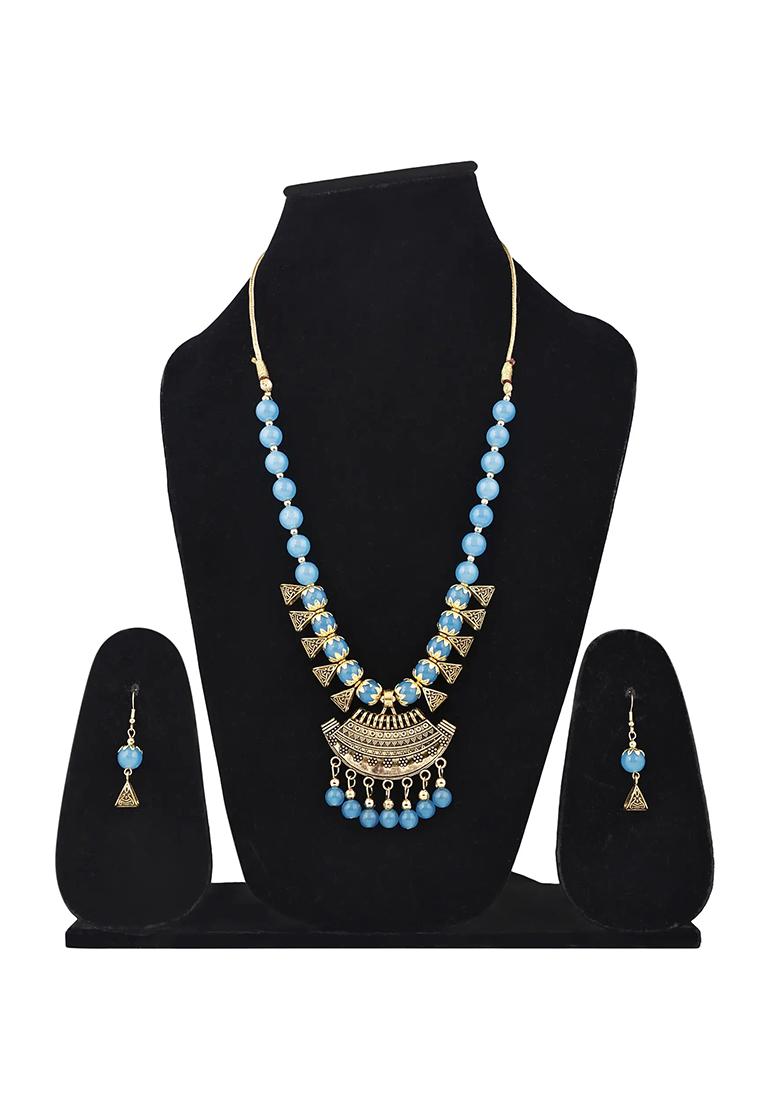 Blue And Triangle Beads Moon Pendant Necklace Set