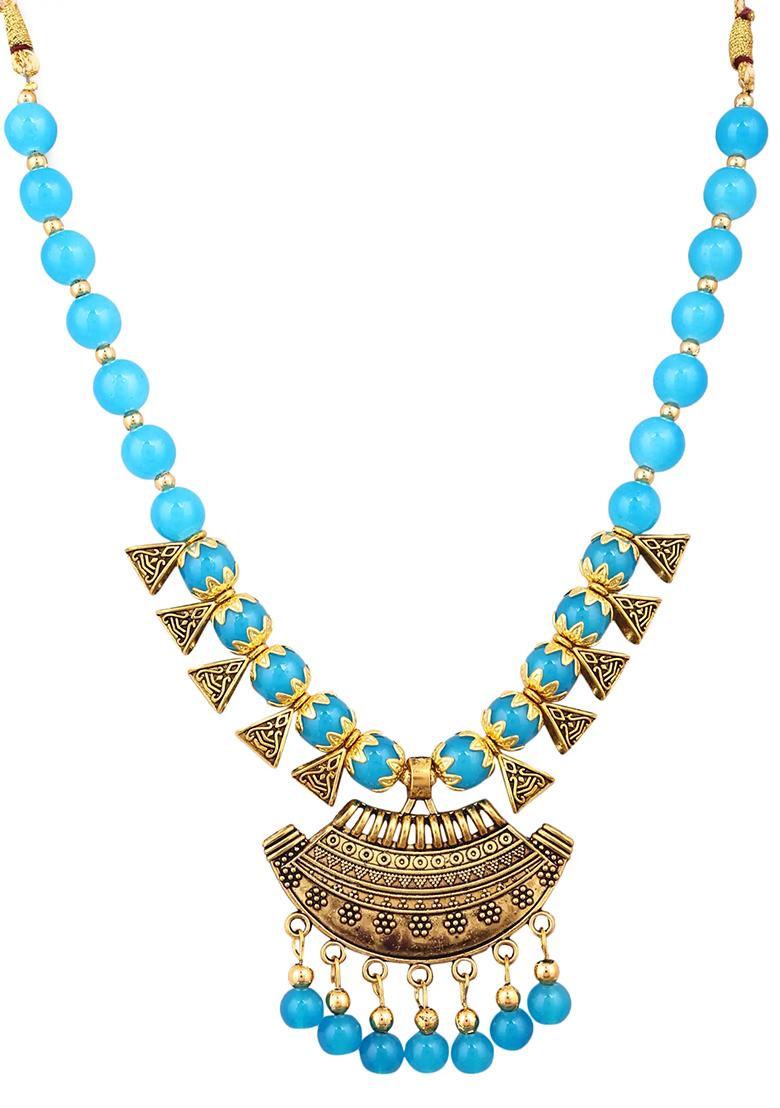 Blue And Triangle Beads Moon Pendant Necklace Set