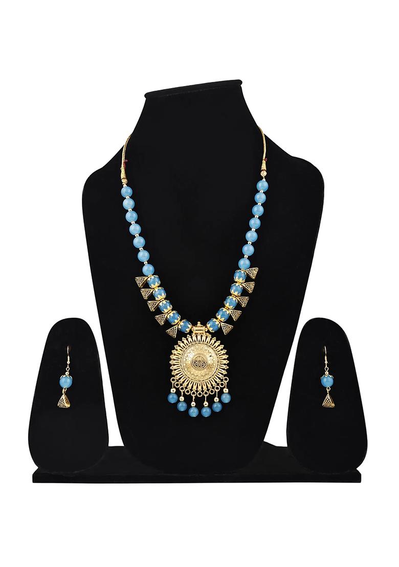 Blue And Triangle Beads Sun Pendant Necklace Set