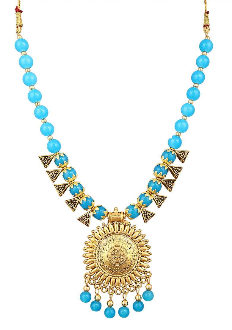 Blue And Triangle Beads Sun Pendant Necklace Set