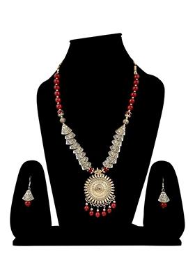 Red And Samosa Beads Sun Pendant Necklace Set