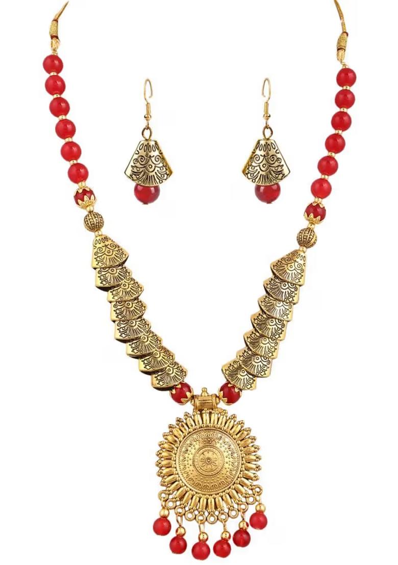 Red And Samosa Beads Sun Pendant Necklace Set